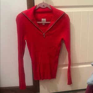 Maeve Red Ribbed Half-Zip Collared Sweater